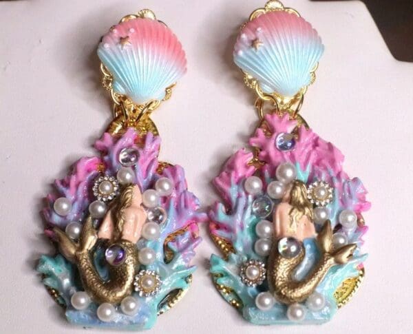 SOLD! 7312 Marine Nautical Faced Mermaids Coral Reef Hand Painted Earrings