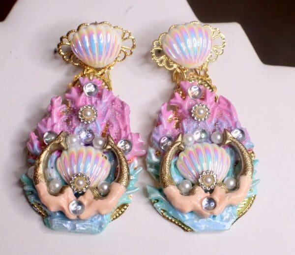 SOLD! 7313 Marine Nautical Shell Mermaids Coral Reef Hand Painted Earrings - Image 2
