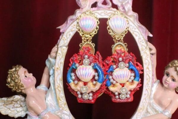 SOLD! 7314 Marine Nautical Mermaids Red Coral Reef Hand Painted Earrings - Image 7