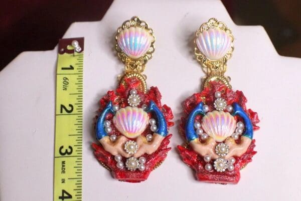 SOLD! 7314 Marine Nautical Mermaids Red Coral Reef Hand Painted Earrings - Image 8
