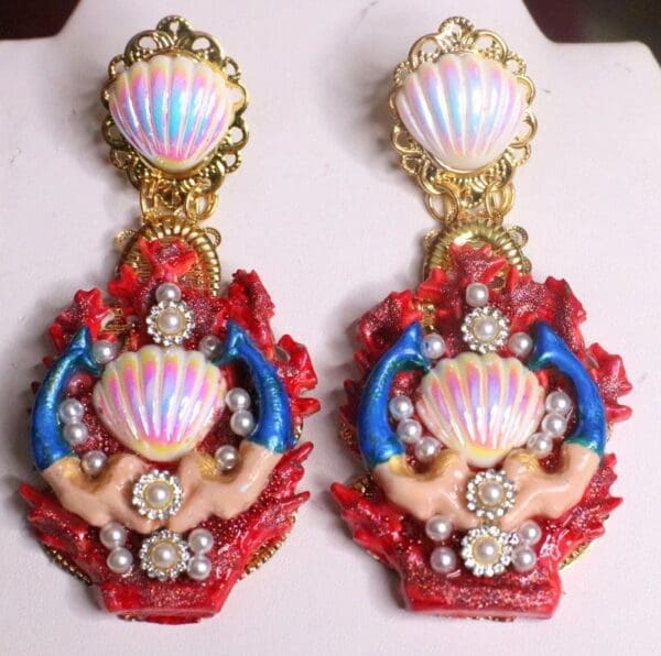 SOLD! 7314 Marine Nautical Mermaids Red Coral Reef Hand Painted Earrings