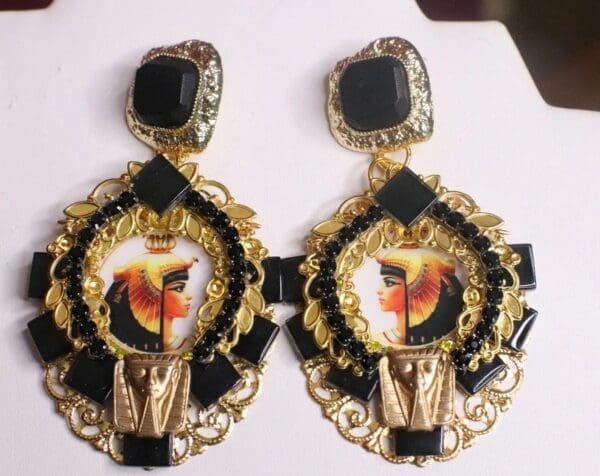 SOLD! 7316 Egyptian Revival Black Cameo Cleopatra Earrings