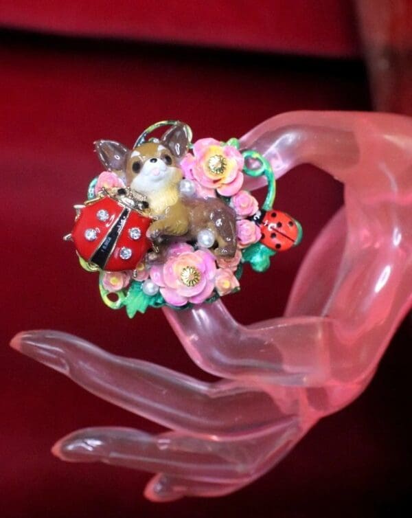 SOLD! 7317 Art Jewelry Vivid Chihuahua Ladybug Cocktail Adjustable Ring - Image 4