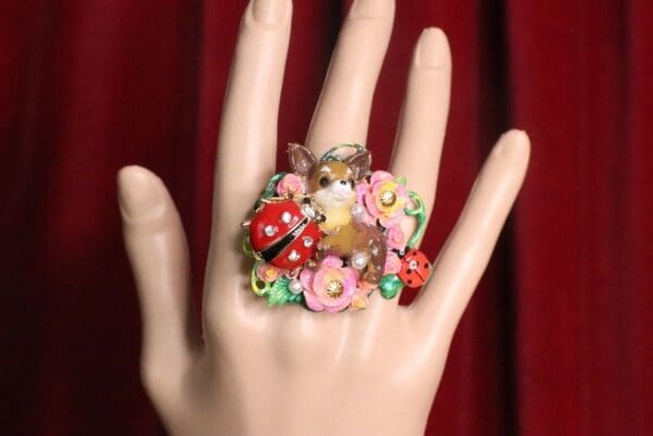 SOLD! 7317 Art Jewelry Vivid Chihuahua Ladybug Cocktail Adjustable Ring - Image 6