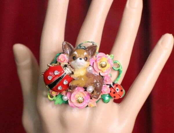 SOLD! 7317 Art Jewelry Vivid Chihuahua Ladybug Cocktail Adjustable Ring