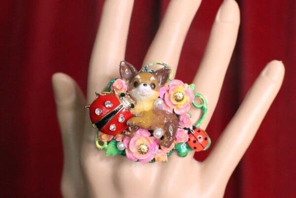 SOLD! 7317 Art Jewelry Vivid Chihuahua Ladybug Cocktail Adjustable Ring - Image 7