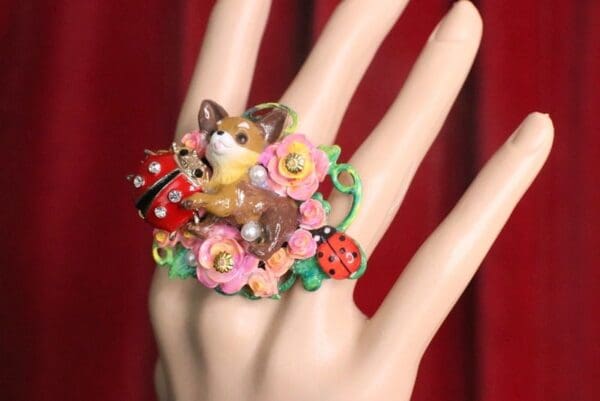 SOLD! 7317 Art Jewelry Vivid Chihuahua Ladybug Cocktail Adjustable Ring - Image 8