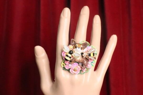 SOLD! 7318 Art Jewelry Vivid Chihuahua Bee Cocktail Adjustable Ring - Image 2