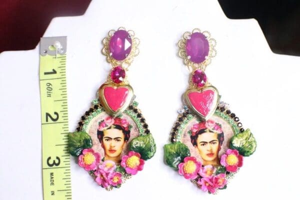 SOLD! 7322 Frida Kahlo Flower Fuchsia Heart Hand Painted Long Earrings - Image 5