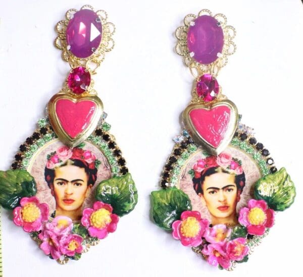 SOLD! 7322 Frida Kahlo Flower Fuchsia Heart Hand Painted Long Earrings - Image 6