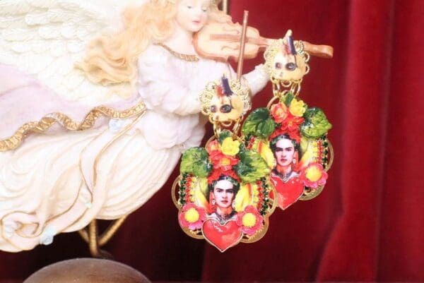 SOLD! 7324 Frida Kahlo Flower Fuchsia Heart Hand Painted Scull Earrings - Image 4
