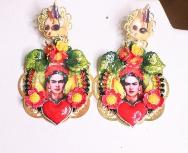 SOLD! 7324 Frida Kahlo Flower Fuchsia Heart Hand Painted Scull Earrings - Image 6