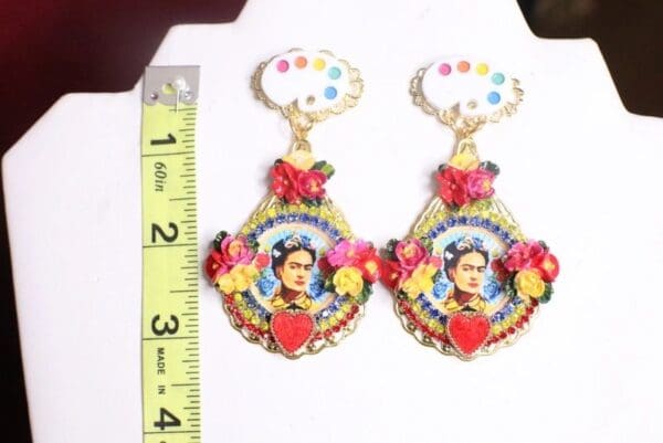 SOLD! 7336 Frida Kahlo Palette Fuchsia Flower Hand Painted Earrings - Image 9