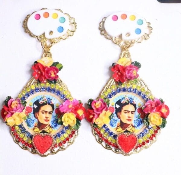 SOLD! 7336 Frida Kahlo Palette Fuchsia Flower Hand Painted Earrings