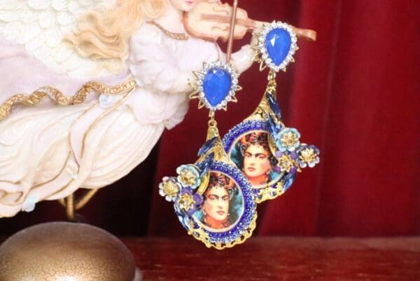 SOLD! 7337 Frida Kahlo Blue Rhinestone Flower Hand Painted Earrings - Image 6
