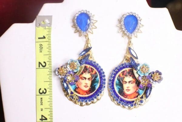 SOLD! 7337 Frida Kahlo Blue Rhinestone Flower Hand Painted Earrings - Image 7