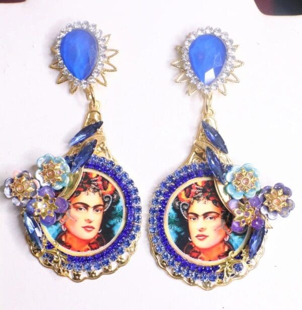 SOLD! 7337 Frida Kahlo Blue Rhinestone Flower Hand Painted Earrings - Image 8