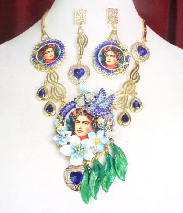 SOLD! 7338 Set Of Frida Kahlo Blue Bird Rhinestones Necklace+ Earrings - Image 2