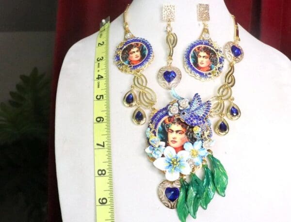 SOLD! 7338 Set Of Frida Kahlo Blue Bird Rhinestones Necklace+ Earrings - Image 3