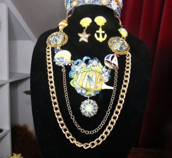 SOLD! 7340 Set Of Nautical Tropical Yellow Fish Necklace+ Earrings