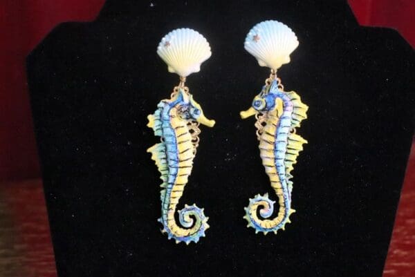 SOLD! 7341 3D Effect Nautical Seahorse Hand Painted Earrings