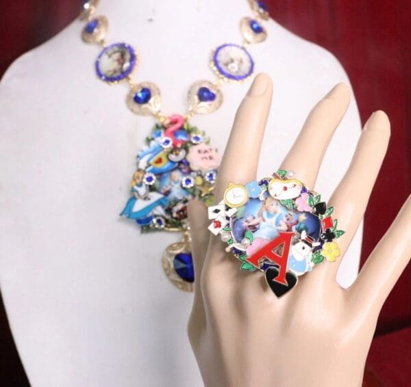SOLD! 7344 A-letter Alice In Wonderland Enamel Adjustable Cocktail Huge Ring - Image 3
