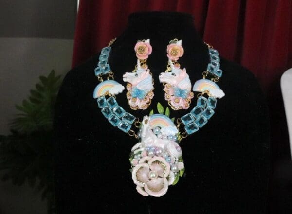 SOLD! 7351 Art Jewelry Vivid Unicorn Rainbow Genuine Blue Topaz Hand Painted Necklace - Image 4