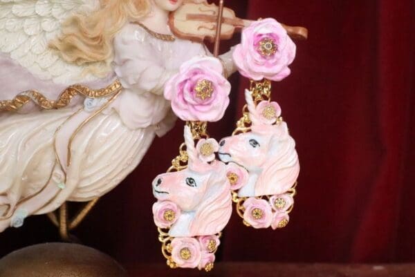 SOLD! 7356 Art Jewelry Unicorns Roses Hand Painted Earrings
