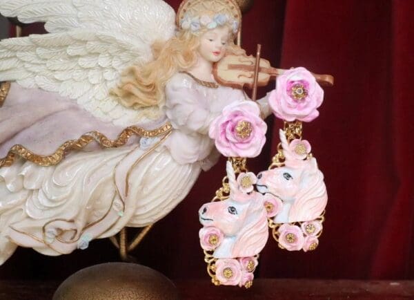SOLD! 7356 Art Jewelry Unicorns Roses Hand Painted Earrings - Image 2
