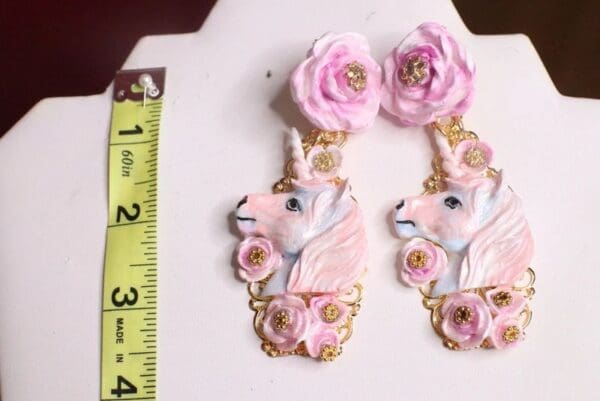 SOLD! 7356 Art Jewelry Unicorns Roses Hand Painted Earrings - Image 3