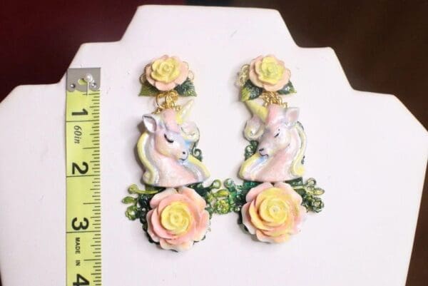 SOLD! 7361 Art Jewelry Faced Unicorns Roses Hand Painted Earrings - Image 3