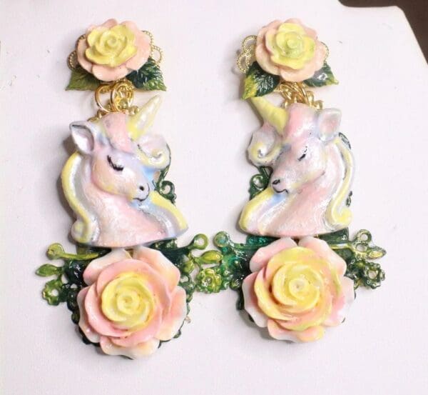 SOLD! 7361 Art Jewelry Faced Unicorns Roses Hand Painted Earrings - Image 2