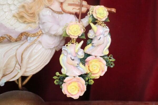 SOLD! 7361 Art Jewelry Faced Unicorns Roses Hand Painted Earrings