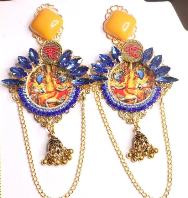 SOLD! 7363 Egyptian Revival Blue Rhinestones Pharaoh Earrings