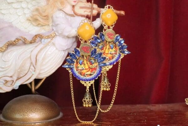 SOLD! 7363 Egyptian Revival Blue Rhinestones Pharaoh Earrings - Image 4
