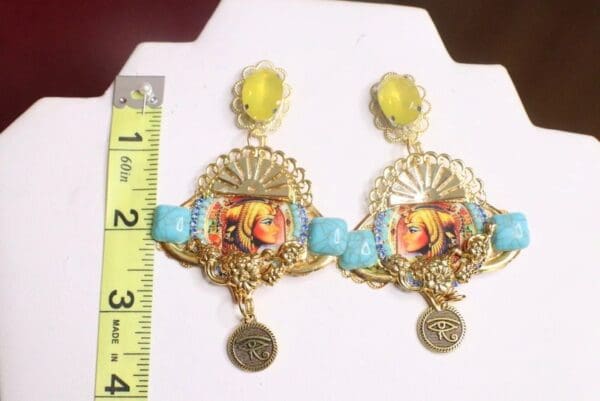 SOLD! 7364 Egyptian Revival Blue Rhinestones Cleopatra Yellow Rhinestone Earrings - Image 3