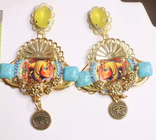 SOLD! 7364 Egyptian Revival Blue Rhinestones Cleopatra Yellow Rhinestone Earrings - Image 2