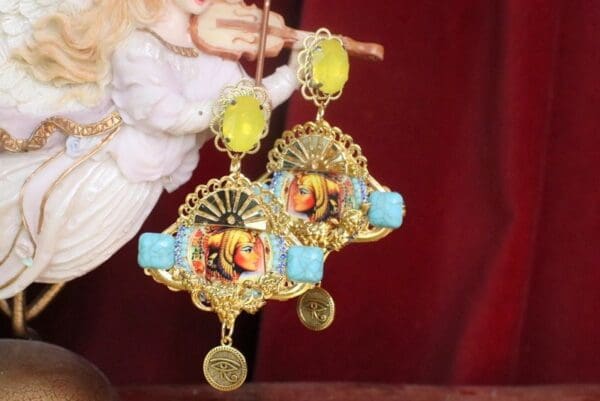 SOLD! 7364 Egyptian Revival Blue Rhinestones Cleopatra Yellow Rhinestone Earrings - Image 4