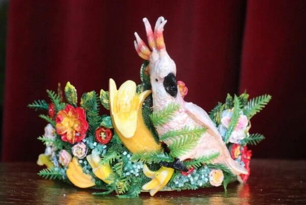 SOLD! 7367 Art Jewelry Tropical Parrot Bananas Hand Painted Crown