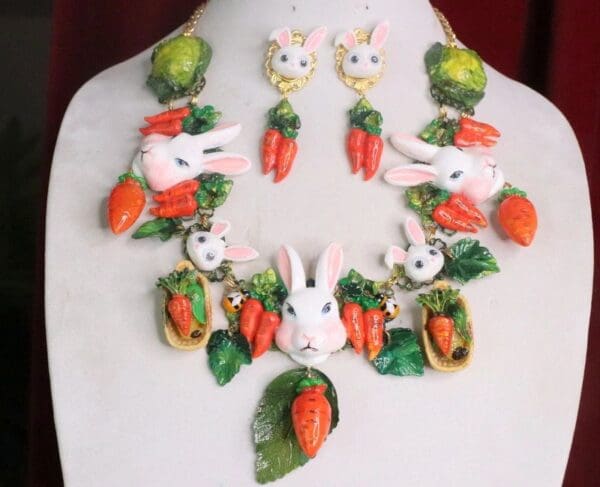 SOLD! 7371 Set Of Carrots Massive Flowers Enamel Bunny Necklace+ Earrings