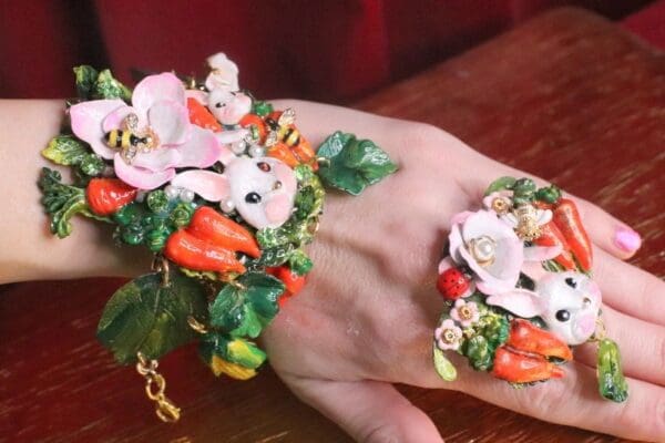 SOLD! 7372 Baroque Oak Vivid Enamel Bunny Carrots Hand Painted Adjustable Bracelet - Image 6