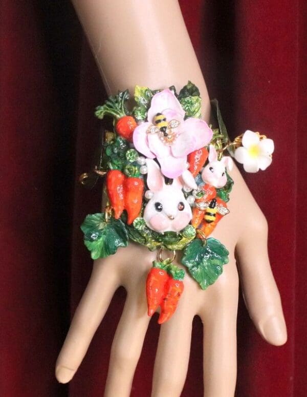 SOLD! 7372 Baroque Oak Vivid Enamel Bunny Carrots Hand Painted Adjustable Bracelet - Image 9