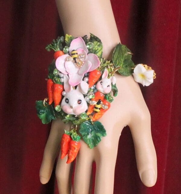 SOLD! 7372 Baroque Oak Vivid Enamel Bunny Carrots Hand Painted Adjustable Bracelet - Image 2