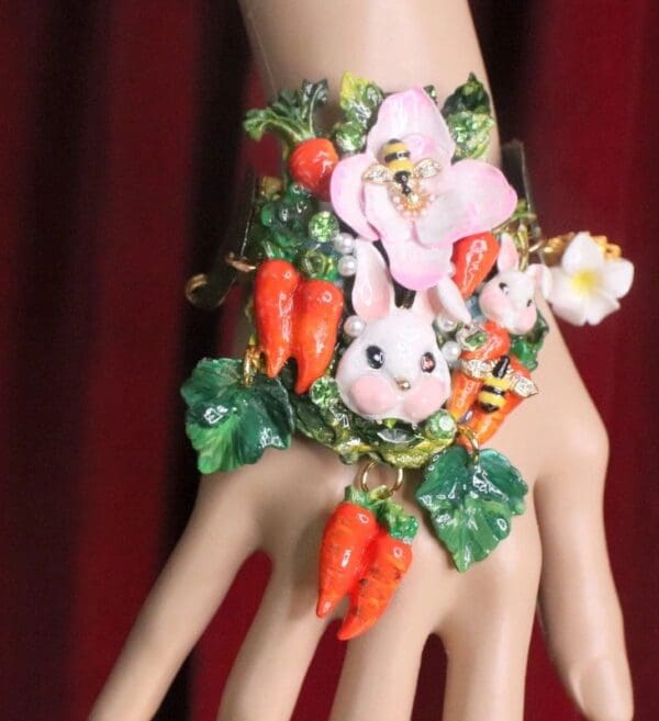 SOLD! 7372 Baroque Oak Vivid Enamel Bunny Carrots Hand Painted Adjustable Bracelet