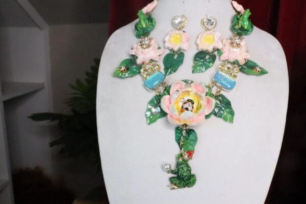 SOLD! 7383 Set Of Genuine Topaz Triplet Opal Water Lily The Prince Frog Necklace+ Earrings - Image 3
