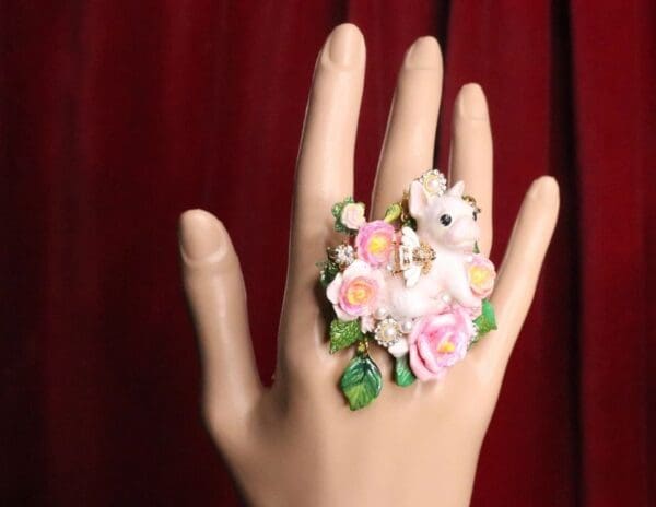 SOLD! 7396 Baroque Art Jewelry Adorable French Bulldog Cocktail Adjustable Ring - Image 2