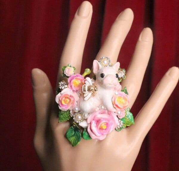SOLD! 7396 Baroque Art Jewelry Adorable French Bulldog Cocktail Adjustable Ring - Image 4