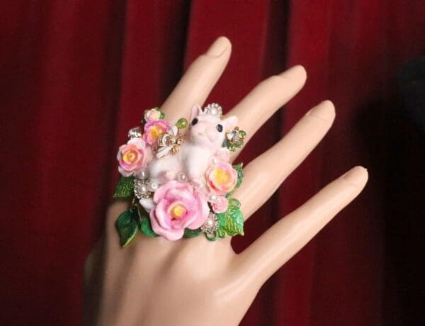SOLD! 7396 Baroque Art Jewelry Adorable French Bulldog Cocktail Adjustable Ring - Image 5