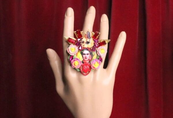 SOLD! 7397 Frida Kahlo Scull Roses Sacred Heart Cocktail Adjustable Ring - Image 2