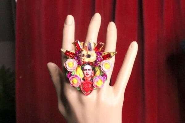 SOLD! 7397 Frida Kahlo Scull Roses Sacred Heart Cocktail Adjustable Ring - Image 3